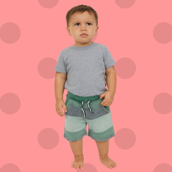 Green Striped Toddler Shorts | Size 18M | Comfy Knit Pull-On Summer Shorts - Picture 1 of 6